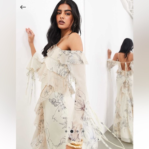 NWT maxi ruffle chiffon cream & navy/ink tie dresss 8 Medium long sleeve beauty - Picture 2 of 7